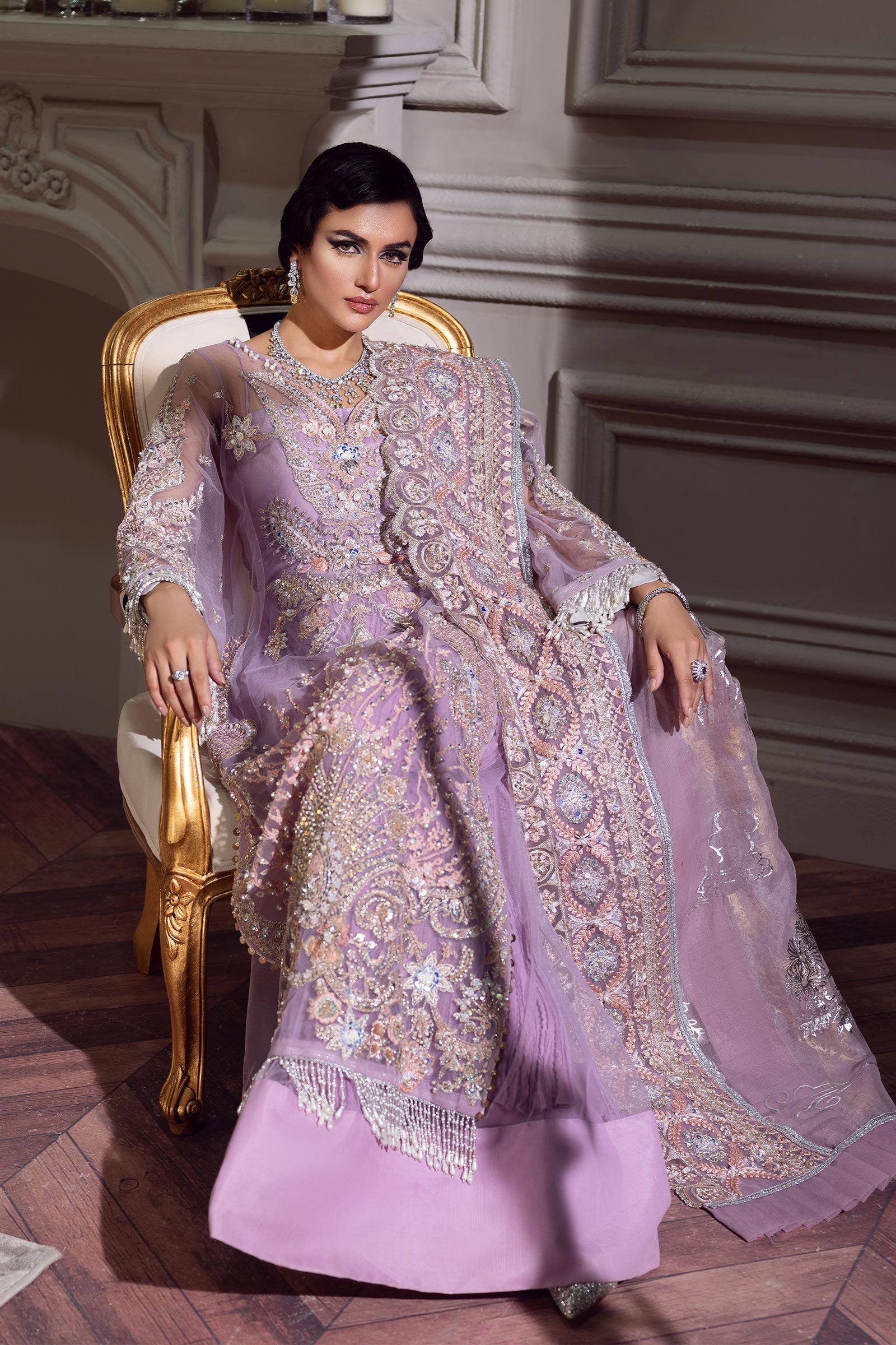 Lilac Sequinned Net Salwar Kameez (3-Piece) - Image 4