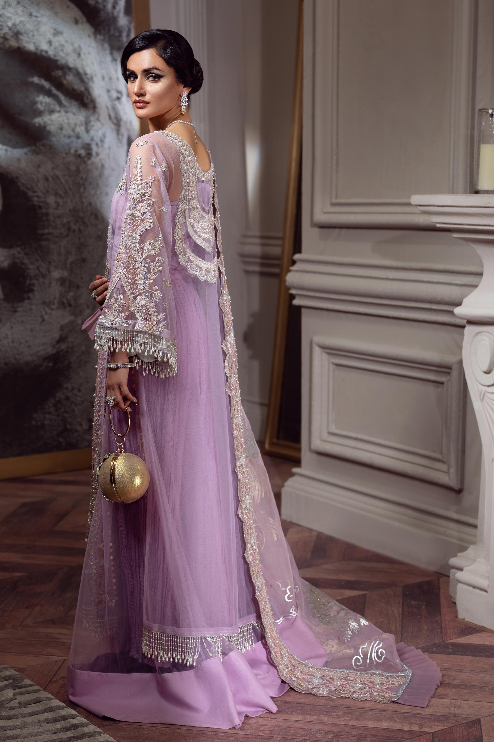 Lilac Sequinned Net Salwar Kameez (3-Piece) - Image 5