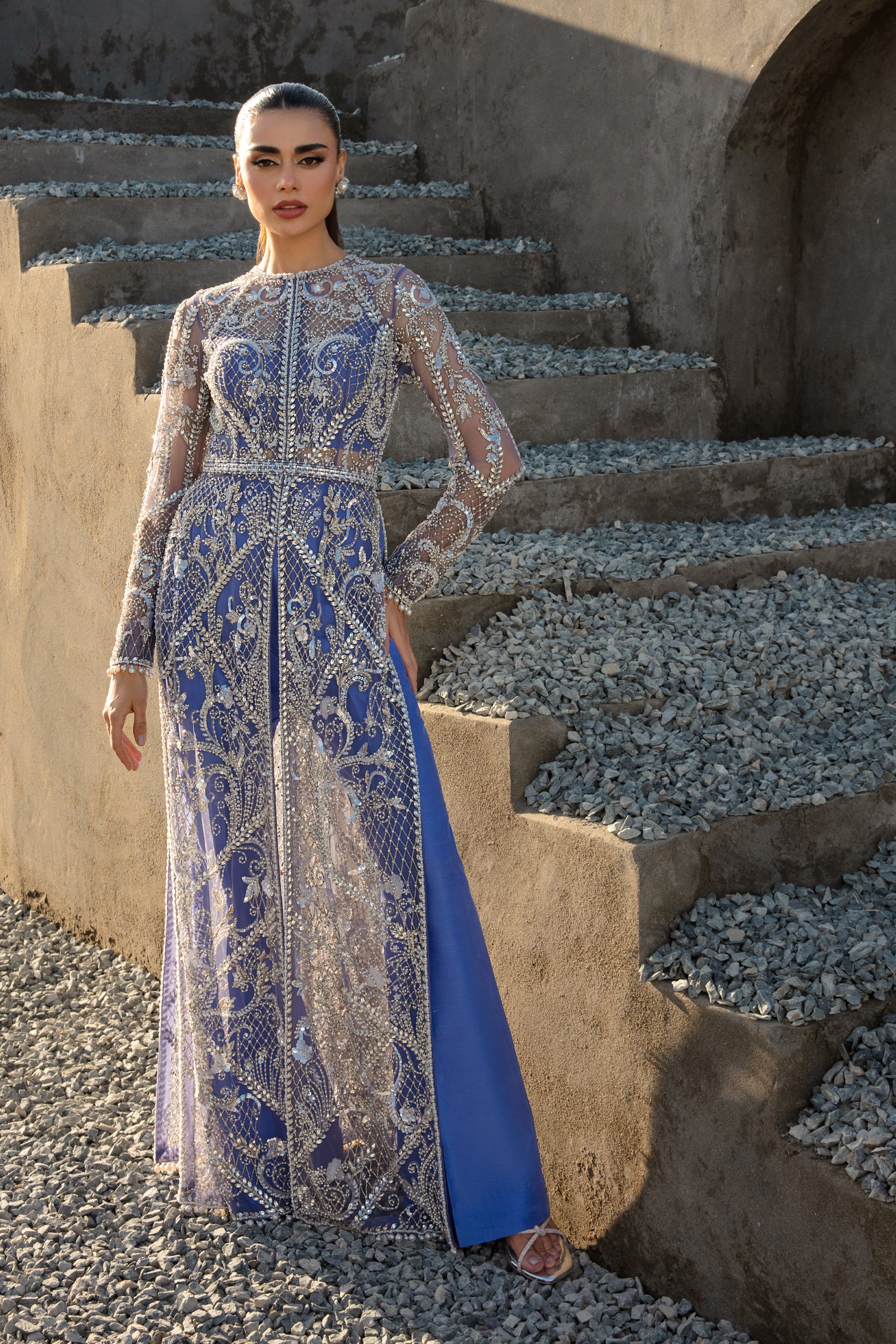 Pakistani Rich Purple Embellished Net Formal Dress (2-Piece) - Image 1