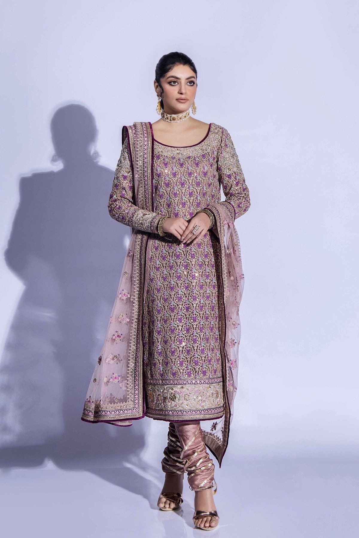 Mauve Zardozi Net Salwar Kameez (3-Piece) - Image 1