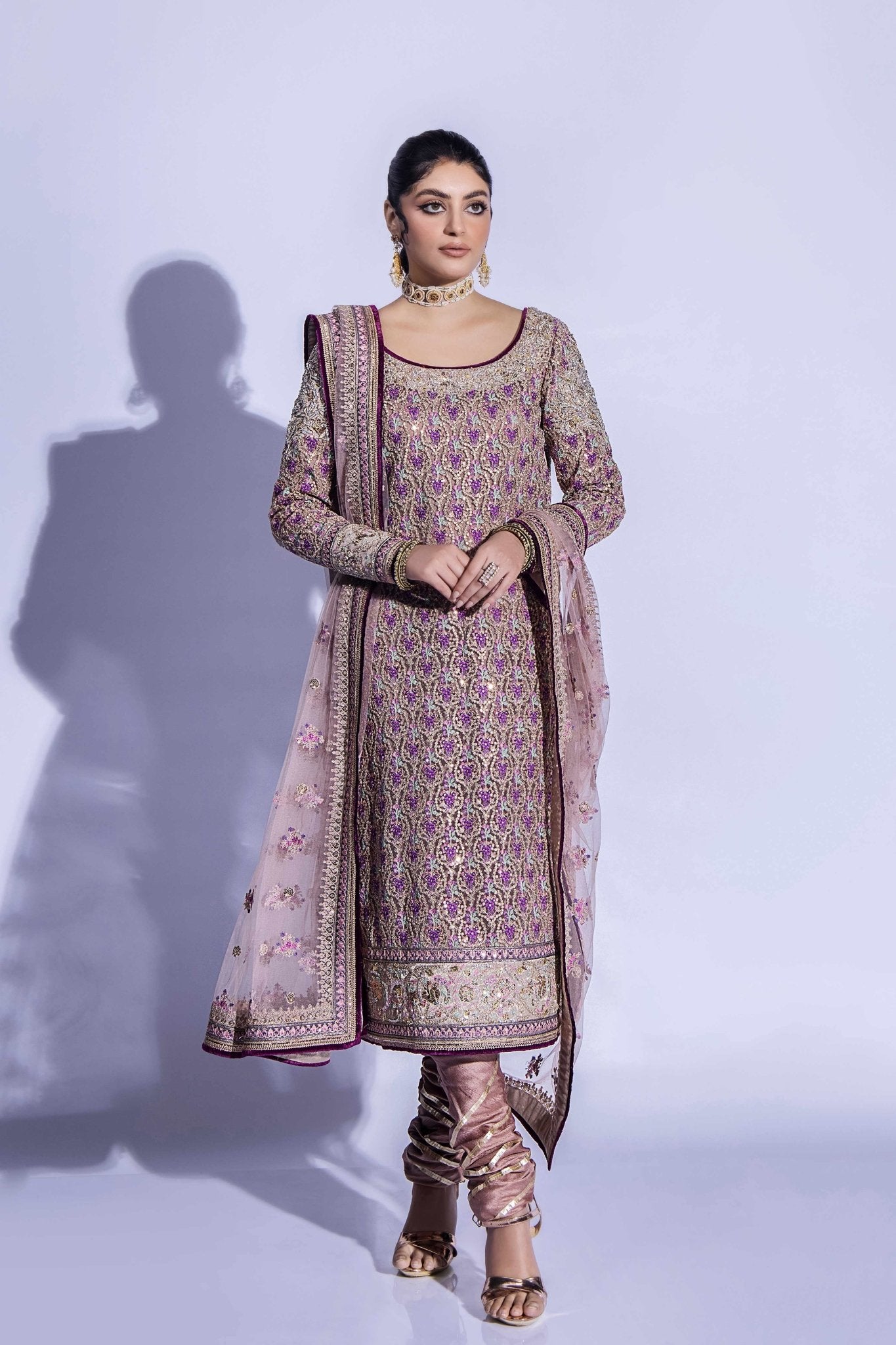 Mauve Zardozi Net Salwar Kameez (3-Piece) - Image 2