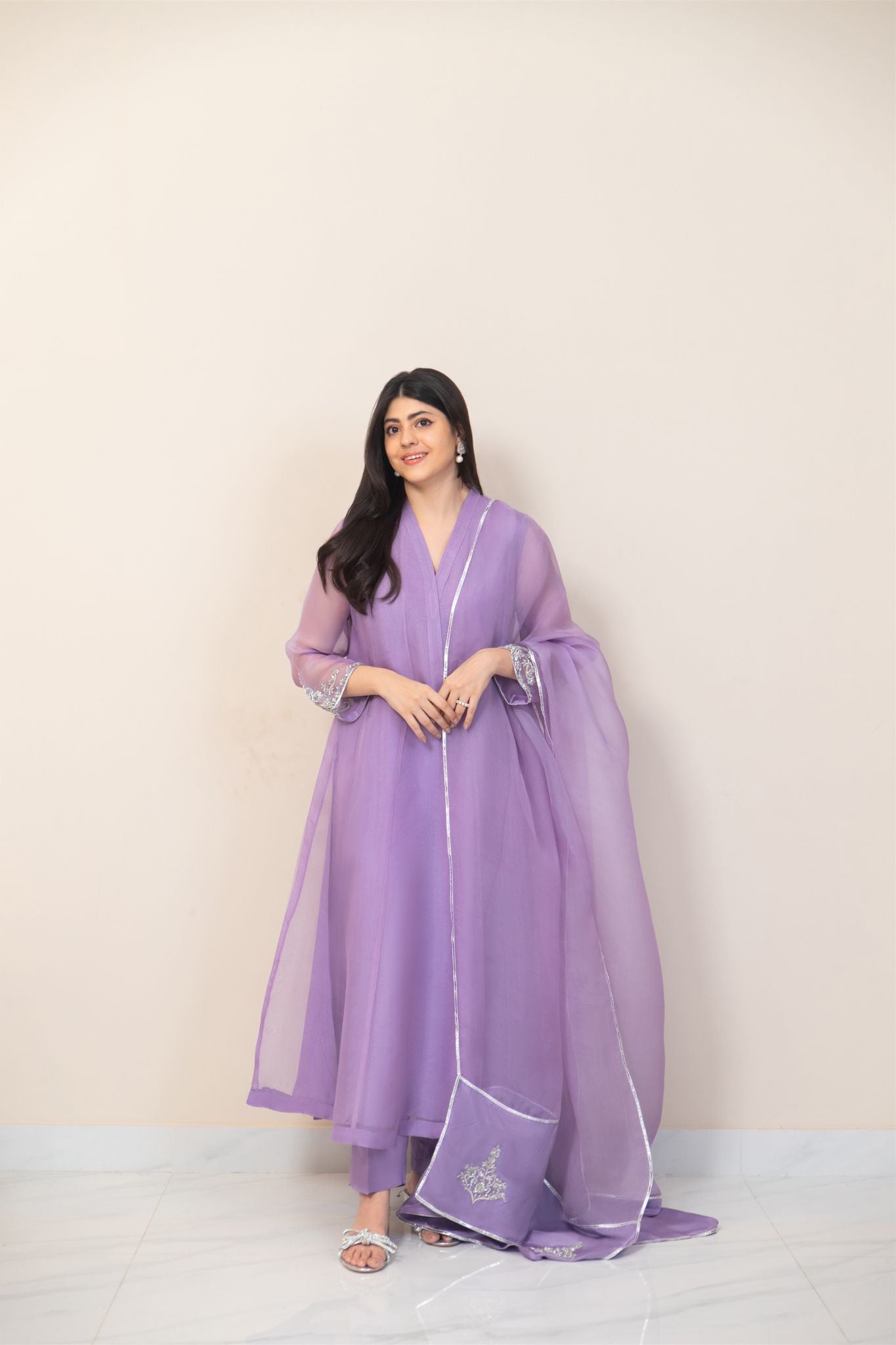 Pakistani Lilac Embroidered Pure Organza Salwar Kameez (3-Piece) - Image 1