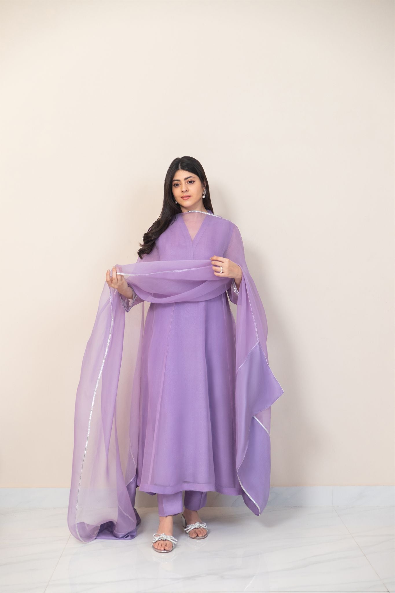 Pakistani Lilac Embroidered Pure Organza Salwar Kameez (3-Piece) - Image 5