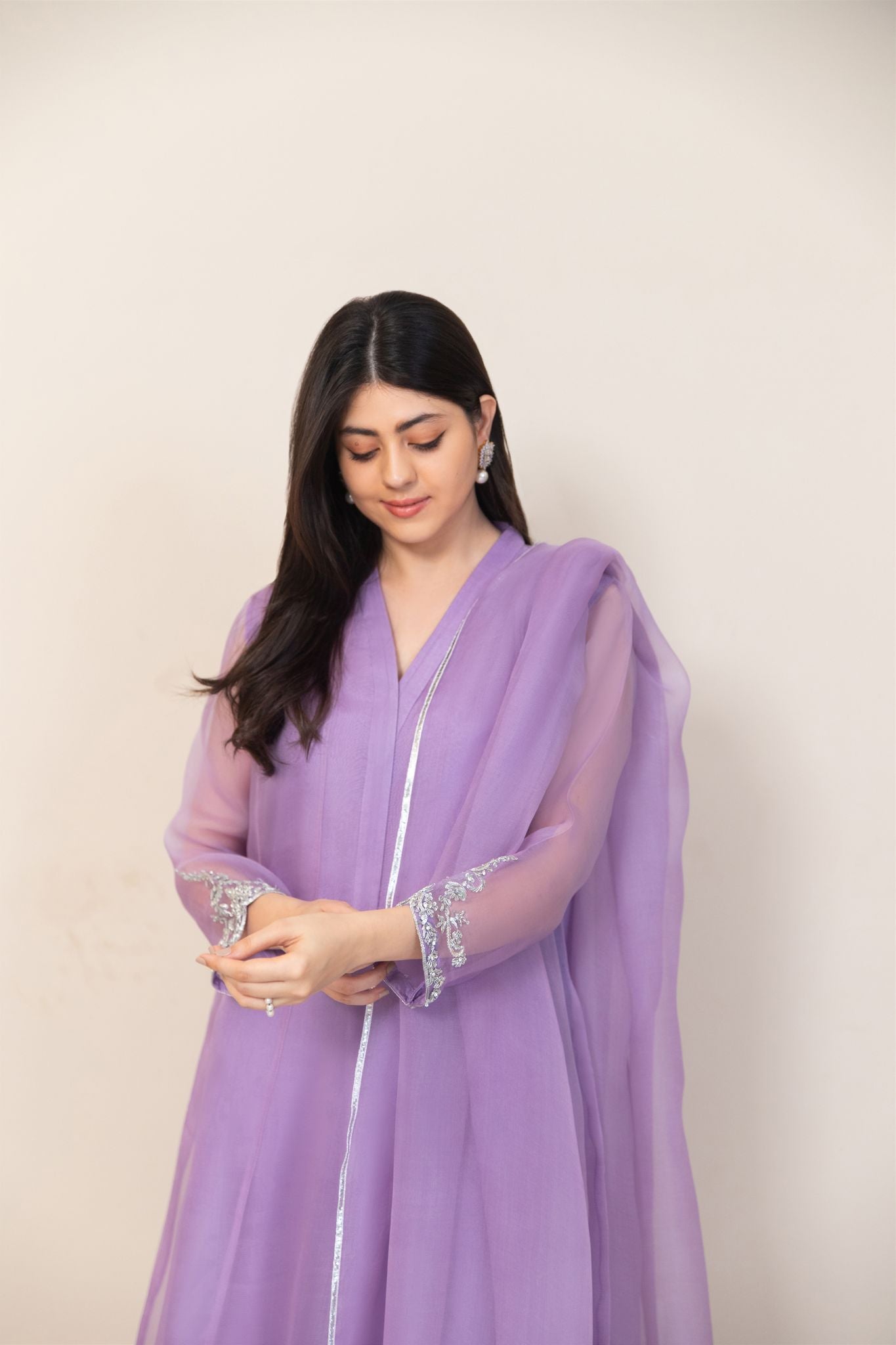Pakistani Lilac Embroidered Pure Organza Salwar Kameez (3-Piece) - Image 6