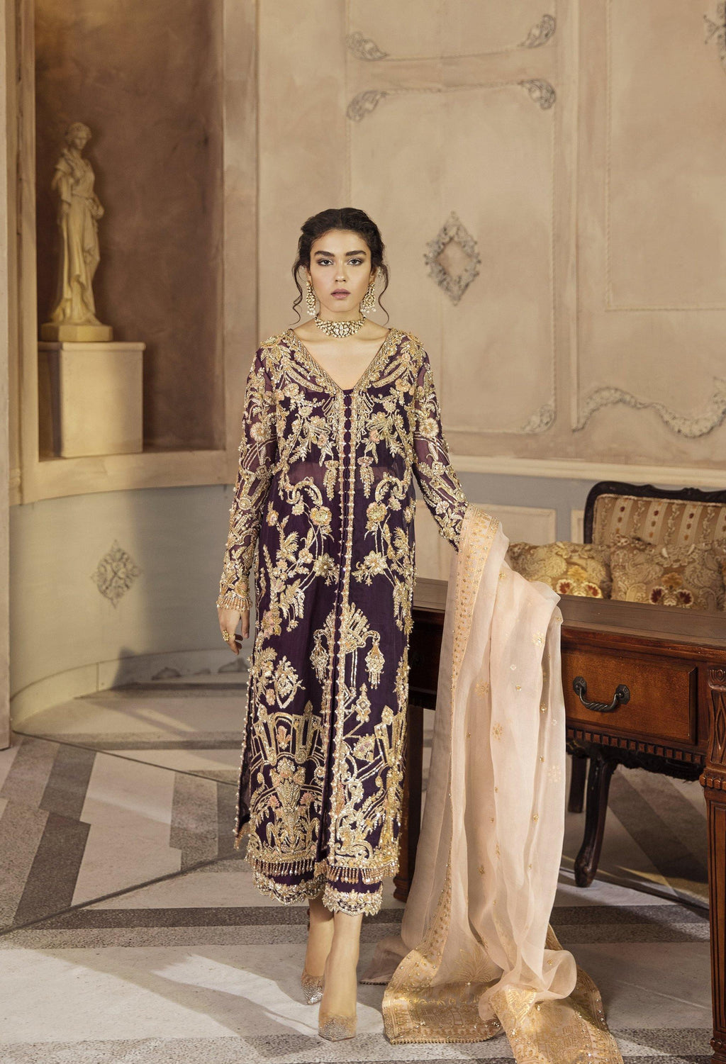 Deep Purple Embroidered Organza Salwar Kameez (3-Piece) - Image 1