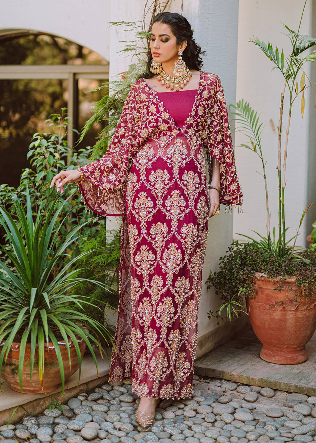 Plum Embroidered Organza Long Shirt (2-Piece) - Image 1