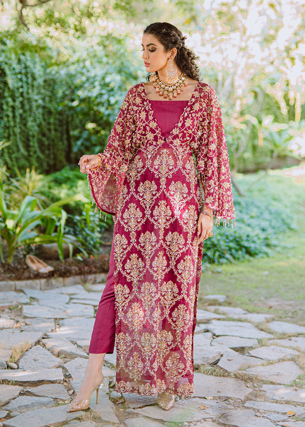 Plum Embroidered Organza Long Shirt (2-Piece) - Image 7