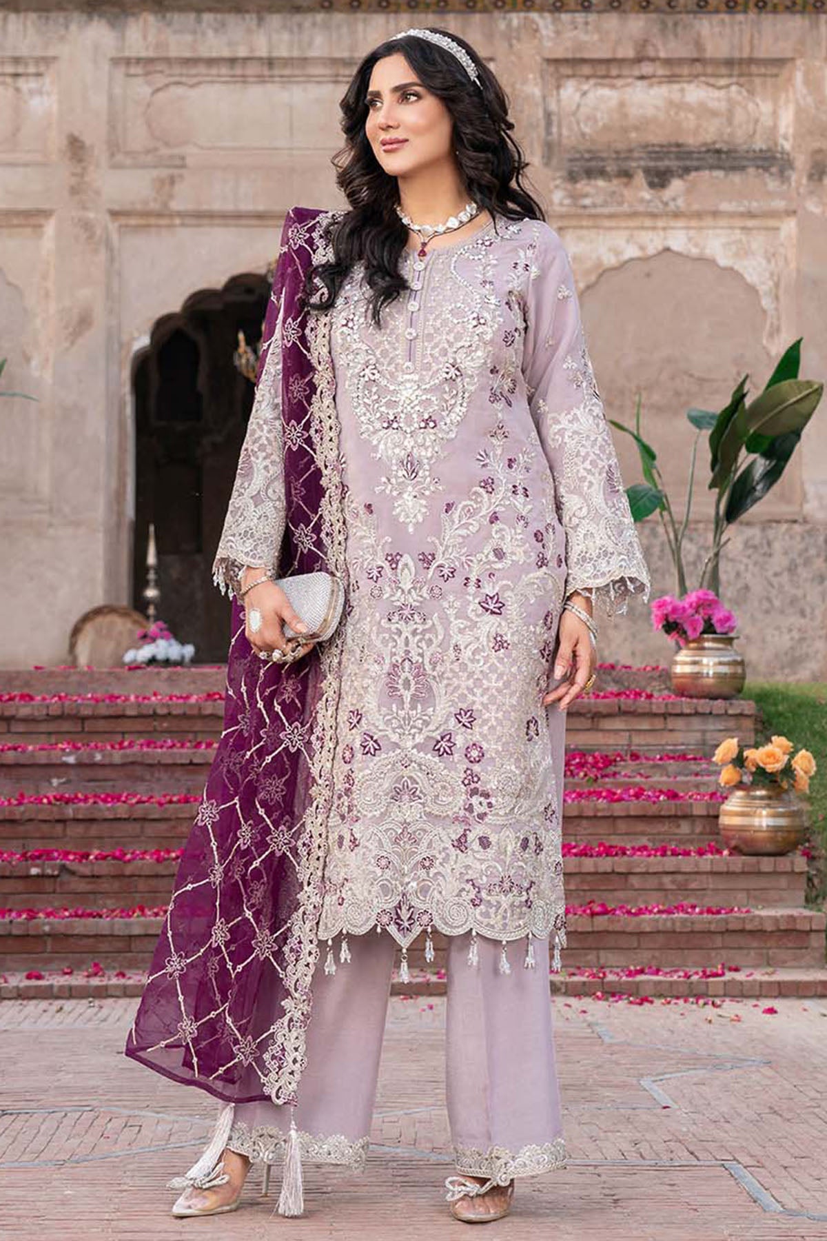 Light Purple Embroidered Organza Salwar Kameez (3-Piece) - Image 1