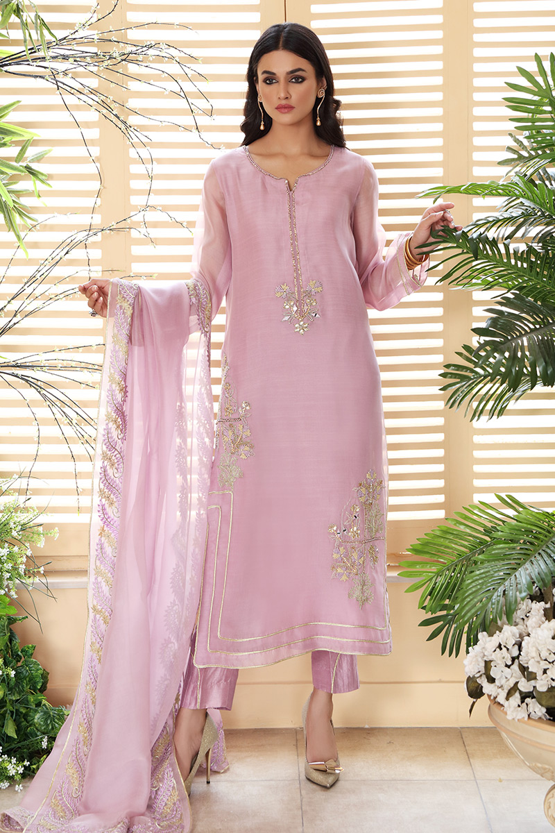 Lilac Hand-Embellished Organza & Silk Salwar Kameez (3-Piece) - Image 1