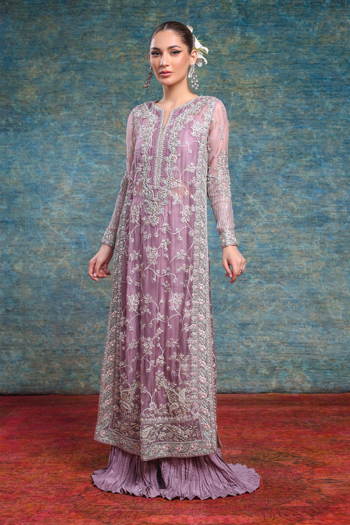 Lilac Embroidered Organza Salwar Kameez (2-Piece) - Image 1