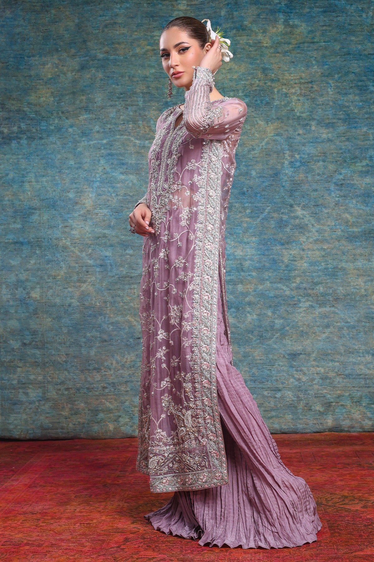 Lilac Embroidered Organza Salwar Kameez (2-Piece) - Image 2