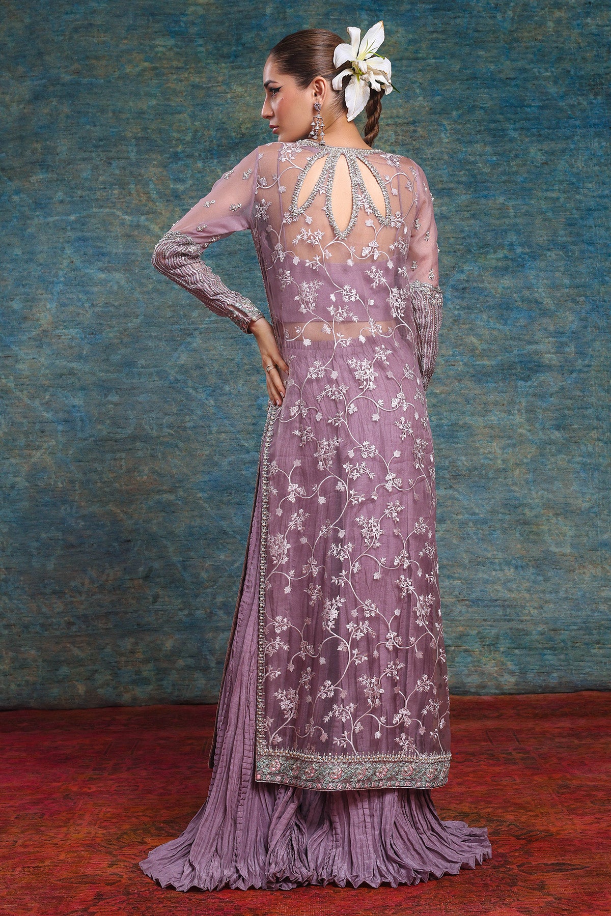 Lilac Embroidered Organza Salwar Kameez (2-Piece) - Image 3