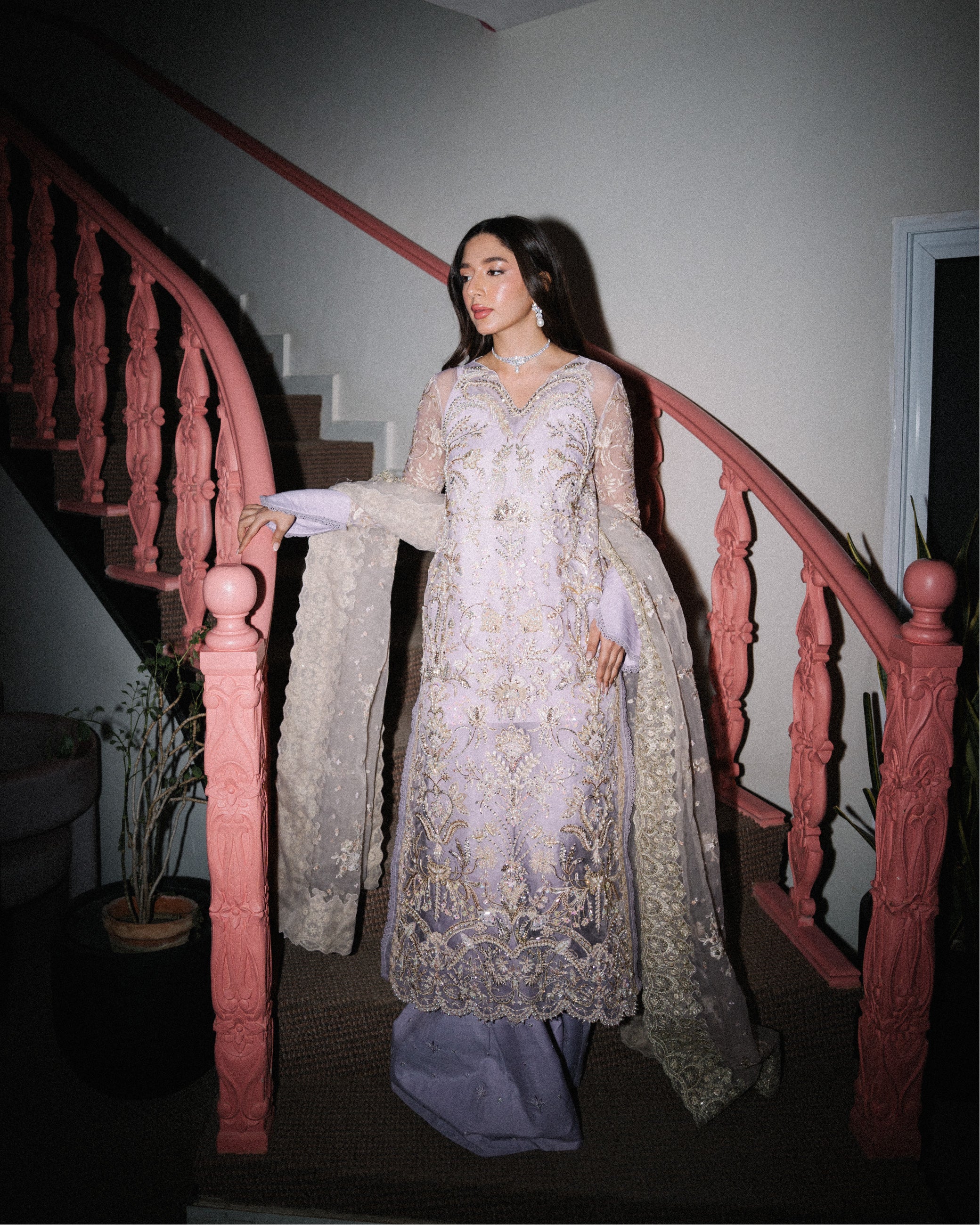 Lilac Embroidered Organza 3-Piece Salwar Kameez - Image 3