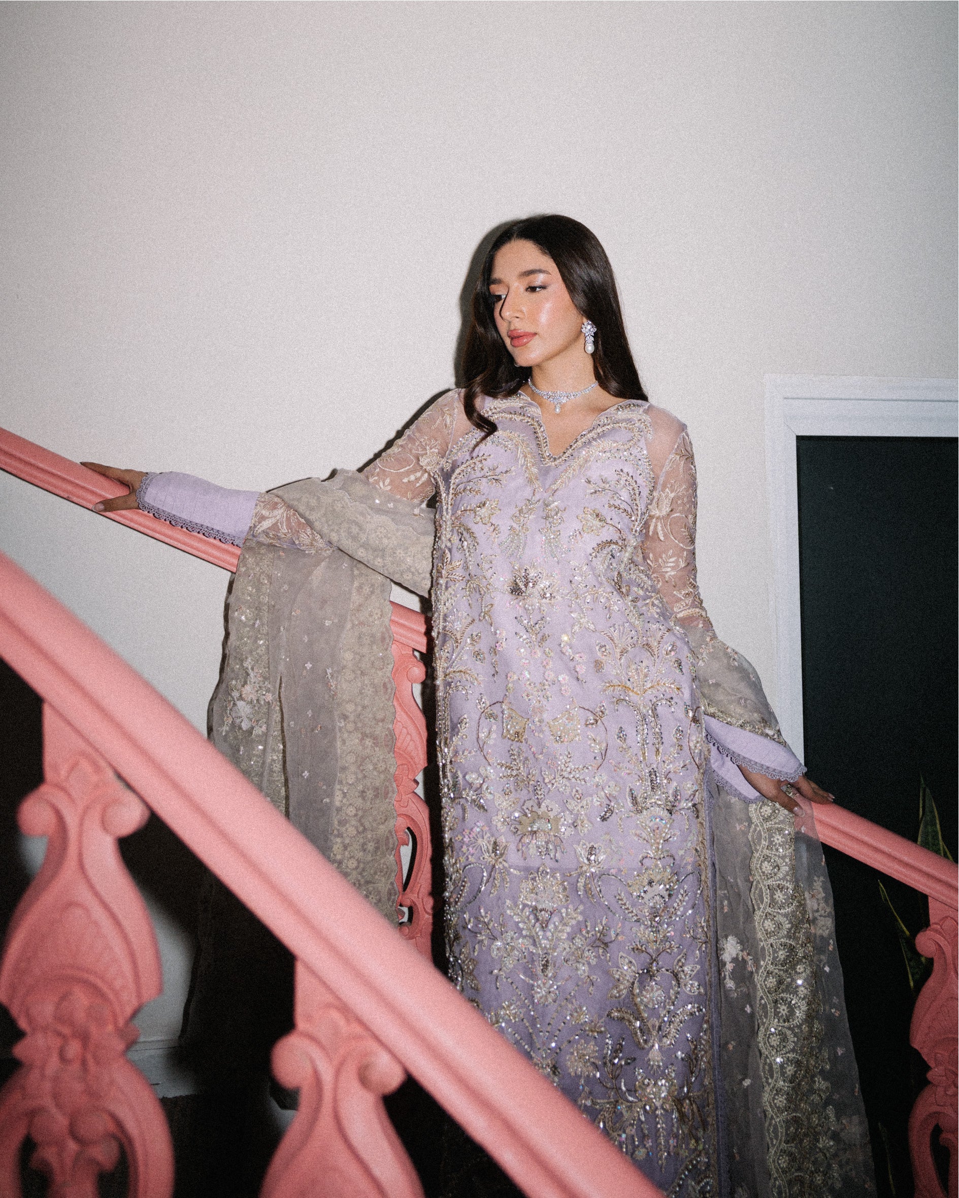 Lilac Embroidered Organza 3-Piece Salwar Kameez - Image 4