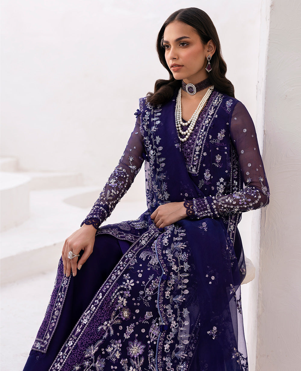 Pakistani Deep Purple Embellished Organza Jacket Set (3-Piece) - Image 4