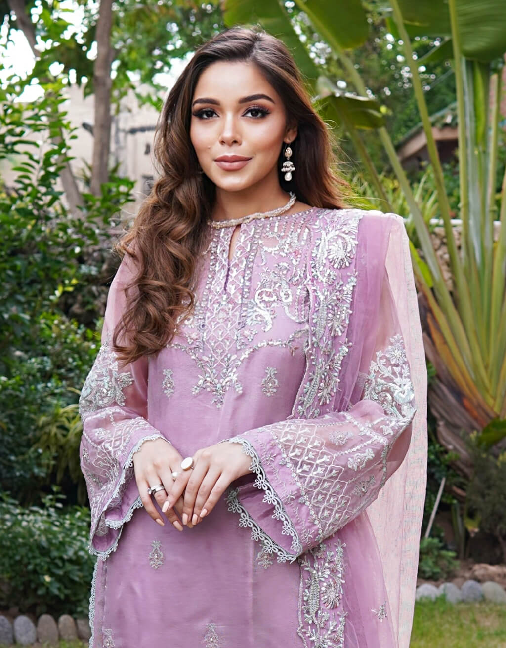 Pakistani Lilac Thread-Embroidered Organza Salwar Kameez (3-Piece) - Image 1