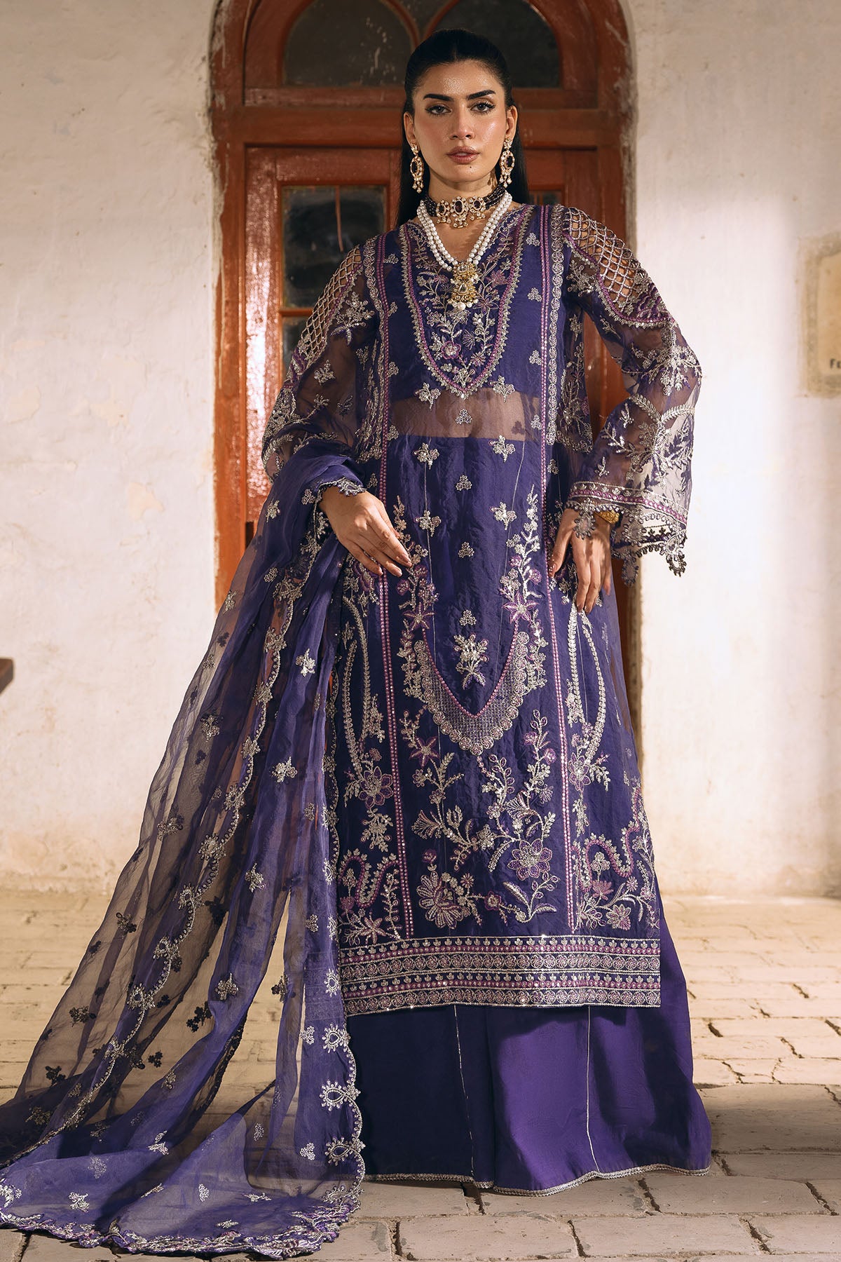 Deep Purple Embroidered Organza 3-Piece Suit - Image 1