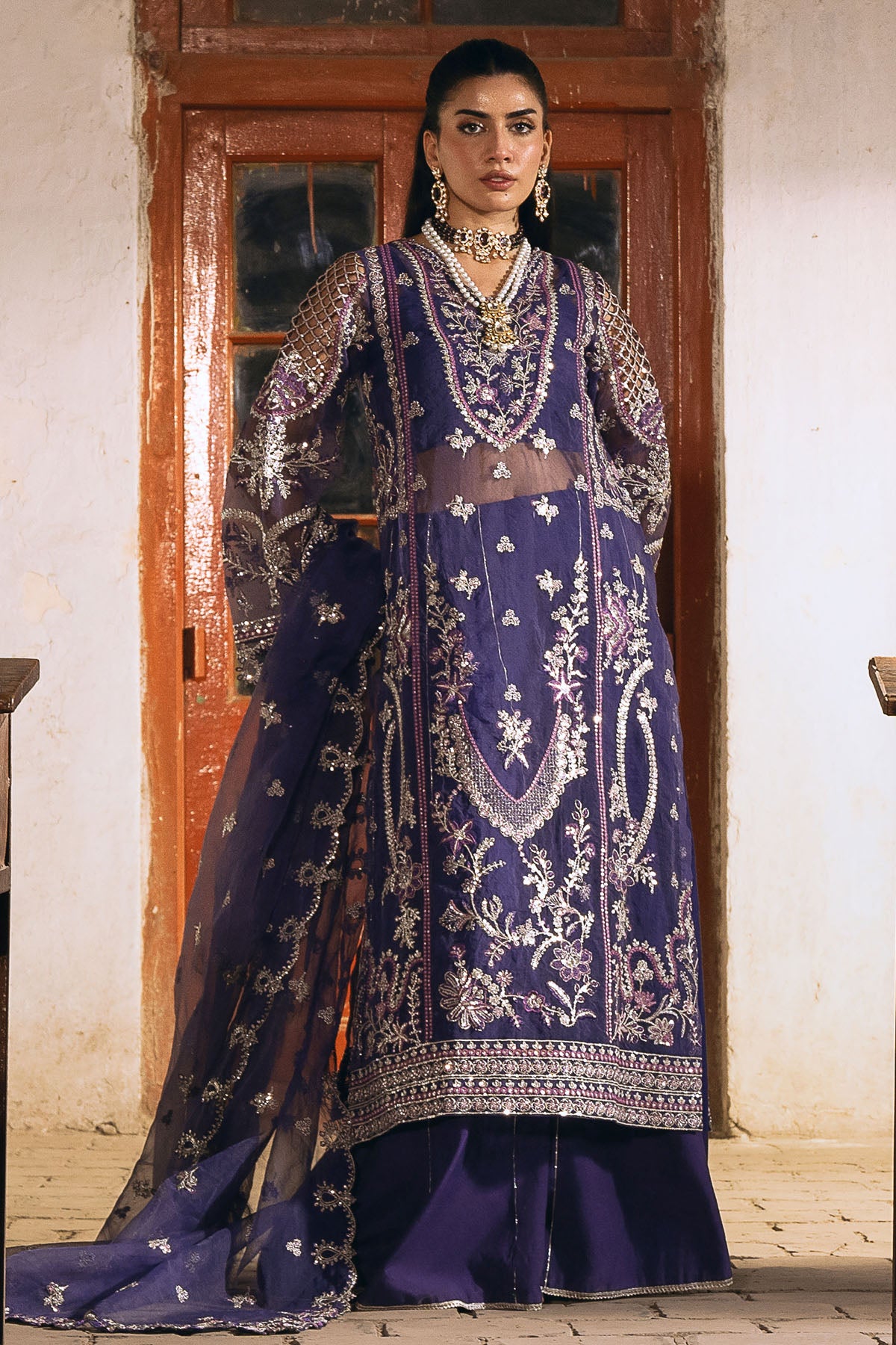 Deep Purple Embroidered Organza Salwar Kameez (3-Piece) - Image 2