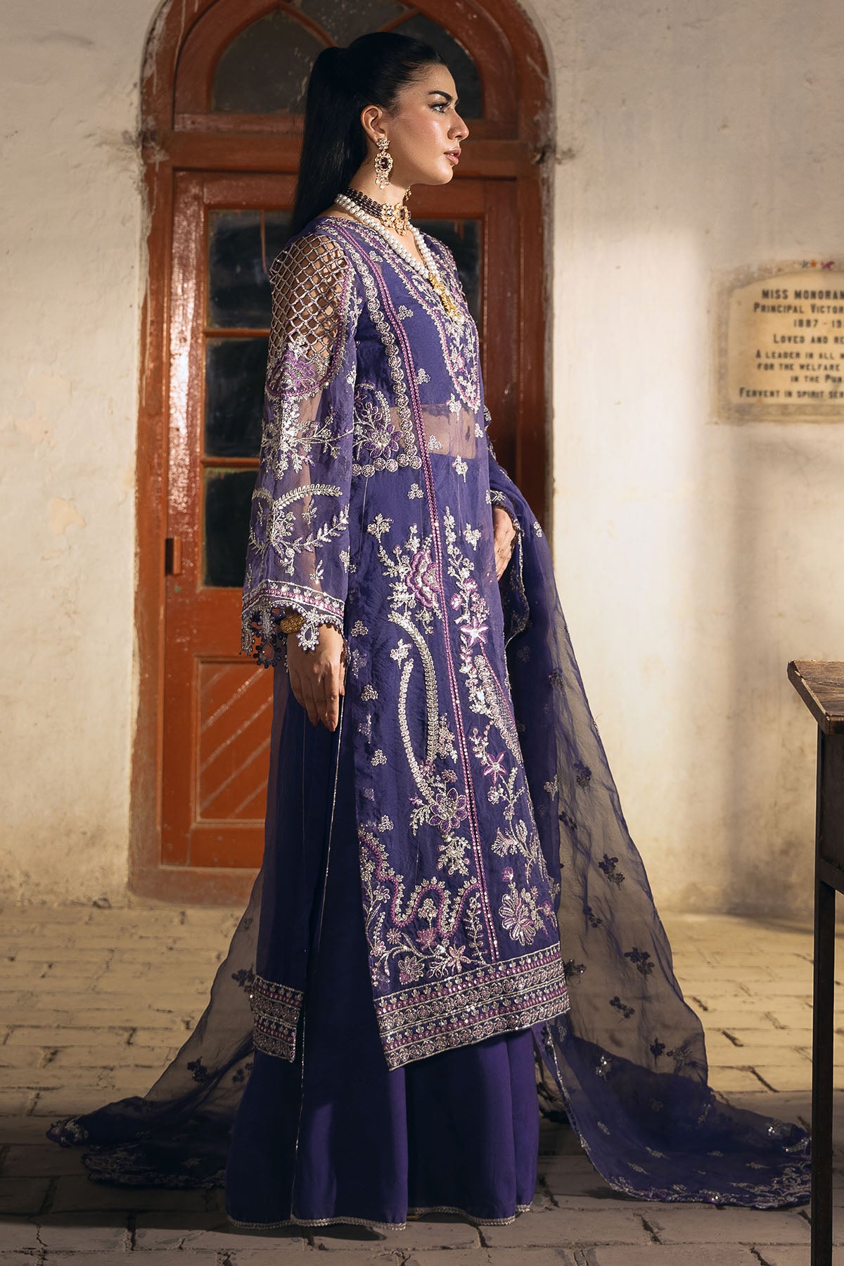 Deep Purple Embroidered Organza Salwar Kameez (3-Piece) - Image 3