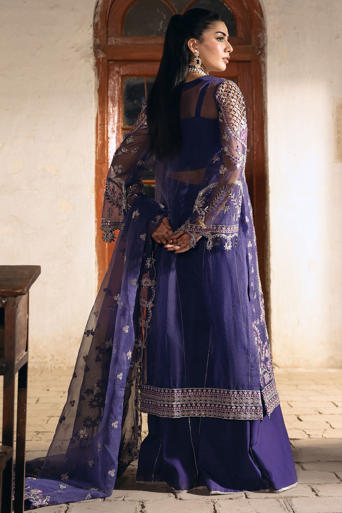 Deep Purple Embroidered Organza Salwar Kameez (3-Piece) - Image 5