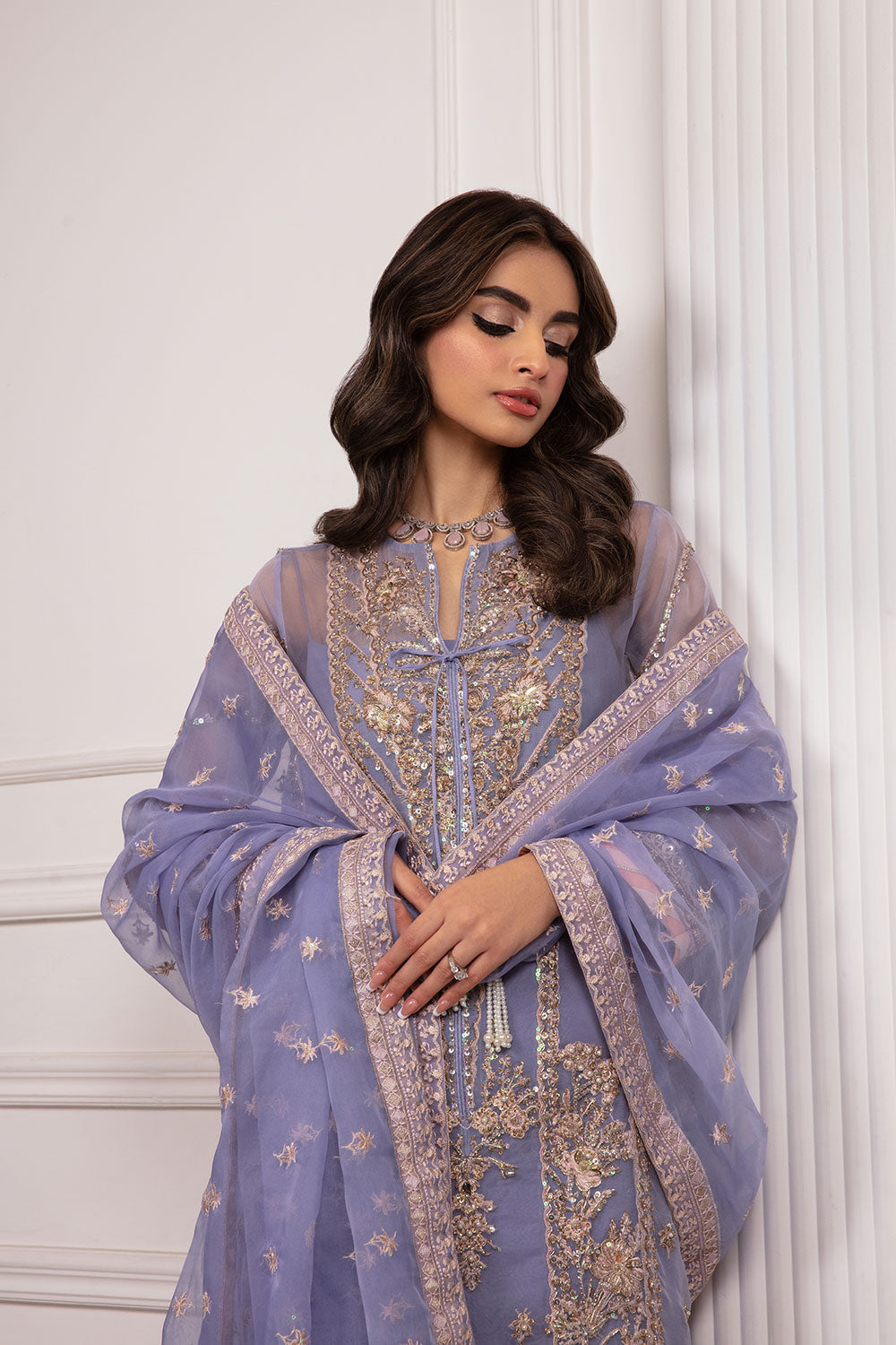 Lavender Hand-Embellished Organza Salwar Kameez (3-Piece) - Image 6