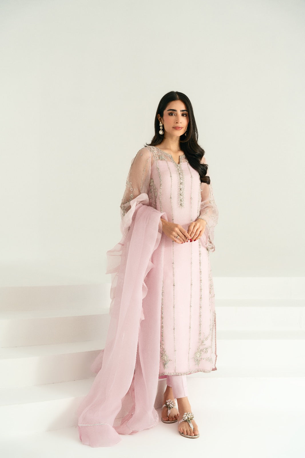 Pakistani Pastel Lilac Embroidered Organza Salwar Kameez (3-Piece) - Image 1