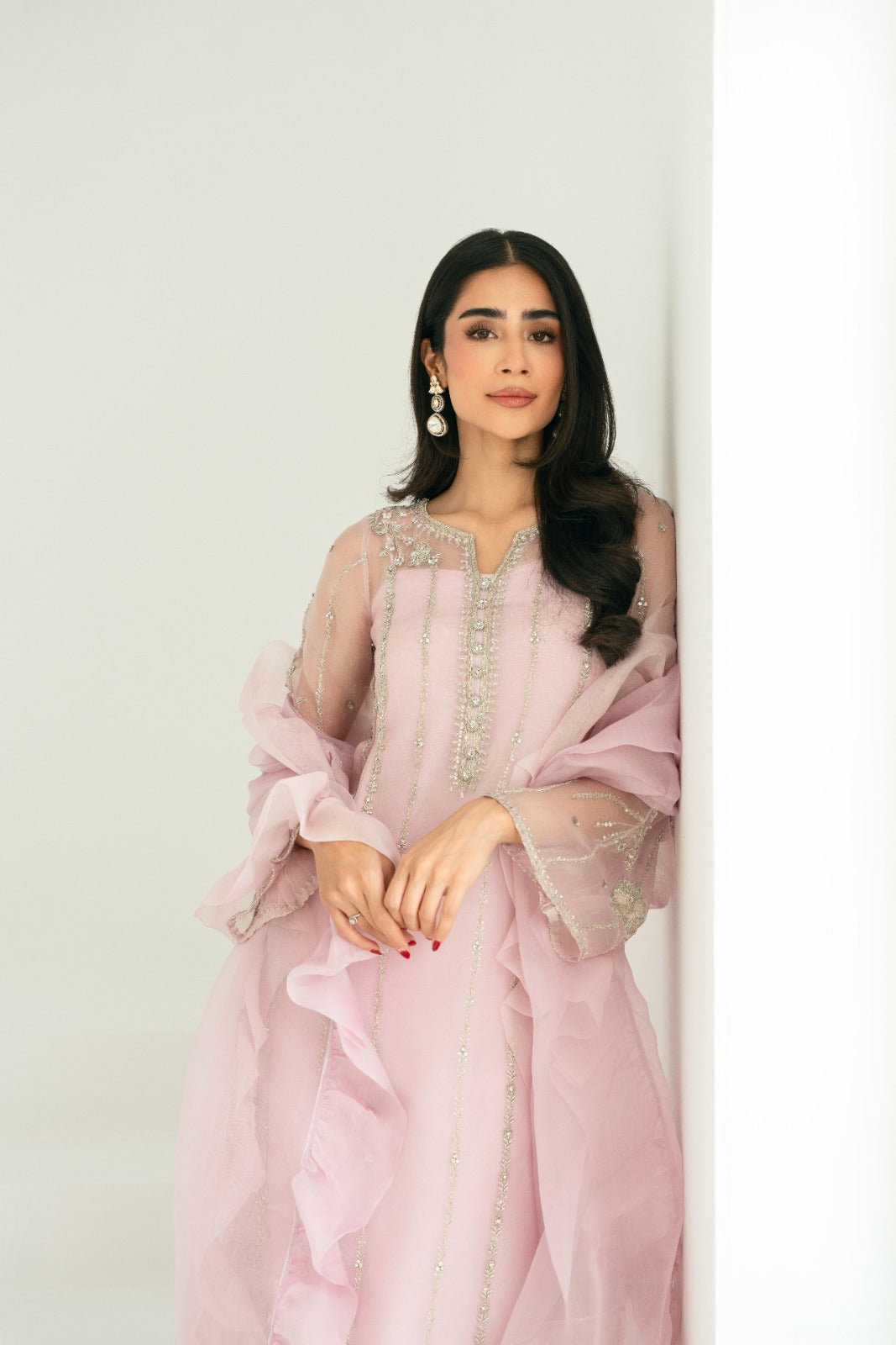 Pakistani Pastel Lilac Embroidered Organza Salwar Kameez (3-Piece) - Image 2