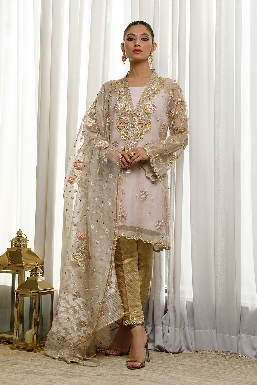 Soft Lilac Handworked Organza Salwar Kameez (3-Piece) - Image 1