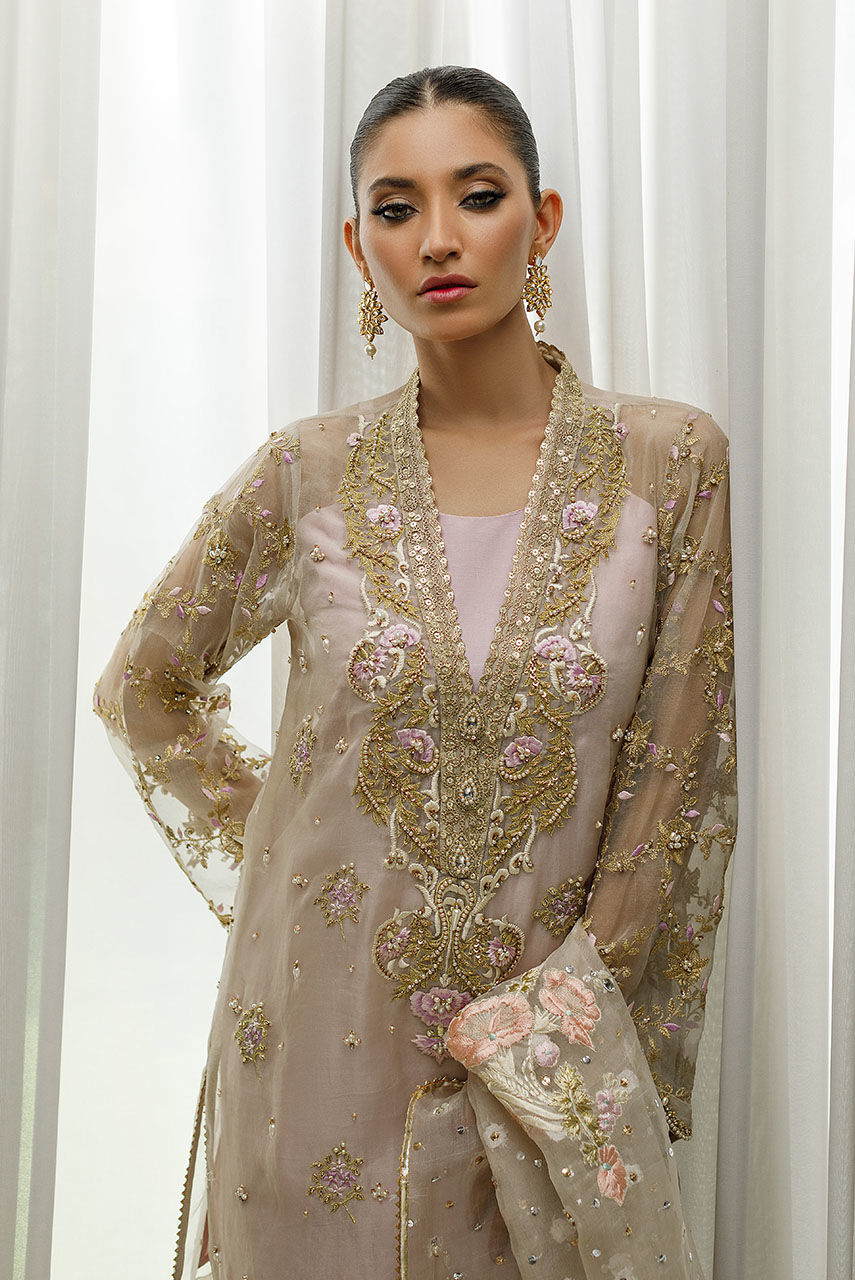 Soft Lilac Handworked Organza Salwar Kameez (3-Piece) - Image 2