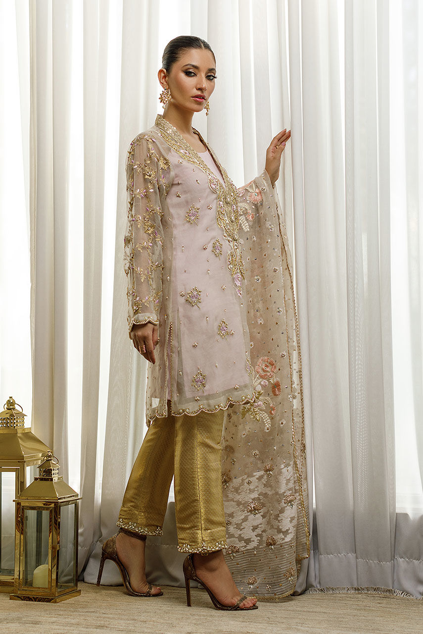 Soft Lilac Handworked Organza Salwar Kameez (3-Piece) - Image 4