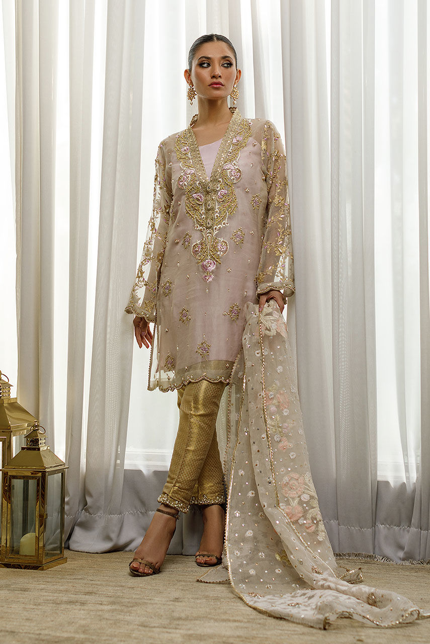 Soft Lilac Handworked Organza Salwar Kameez (3-Piece) - Image 5