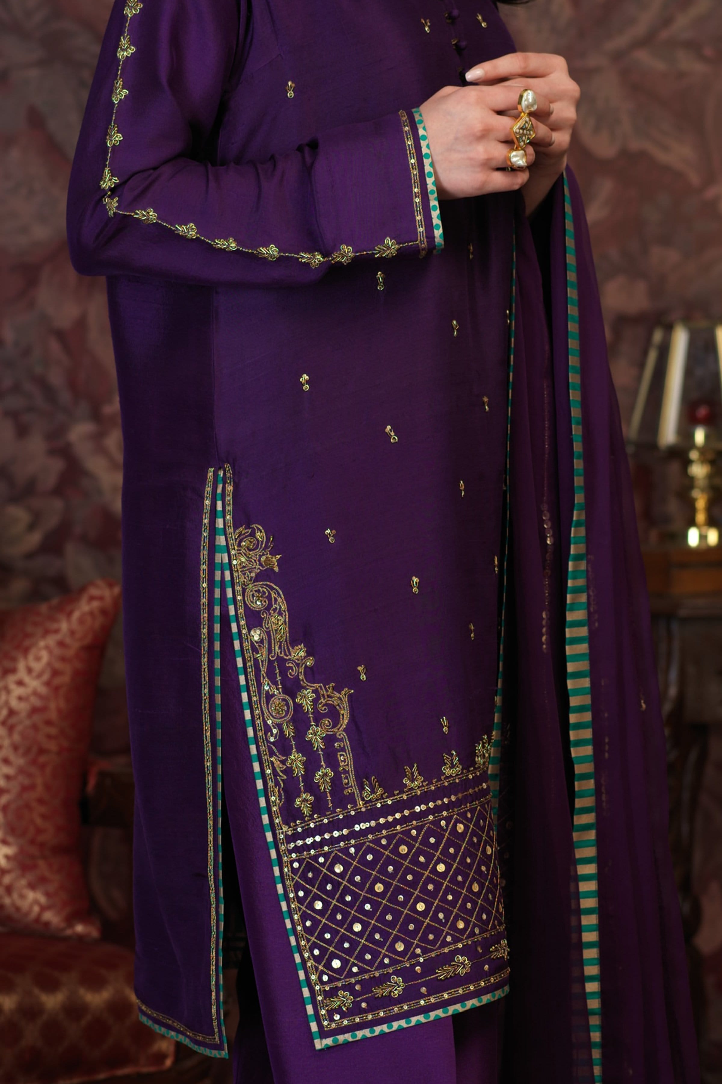 Deep Purple Embroidered PK Raw Silk Salwar Kameez (3-Piece) - Image 1