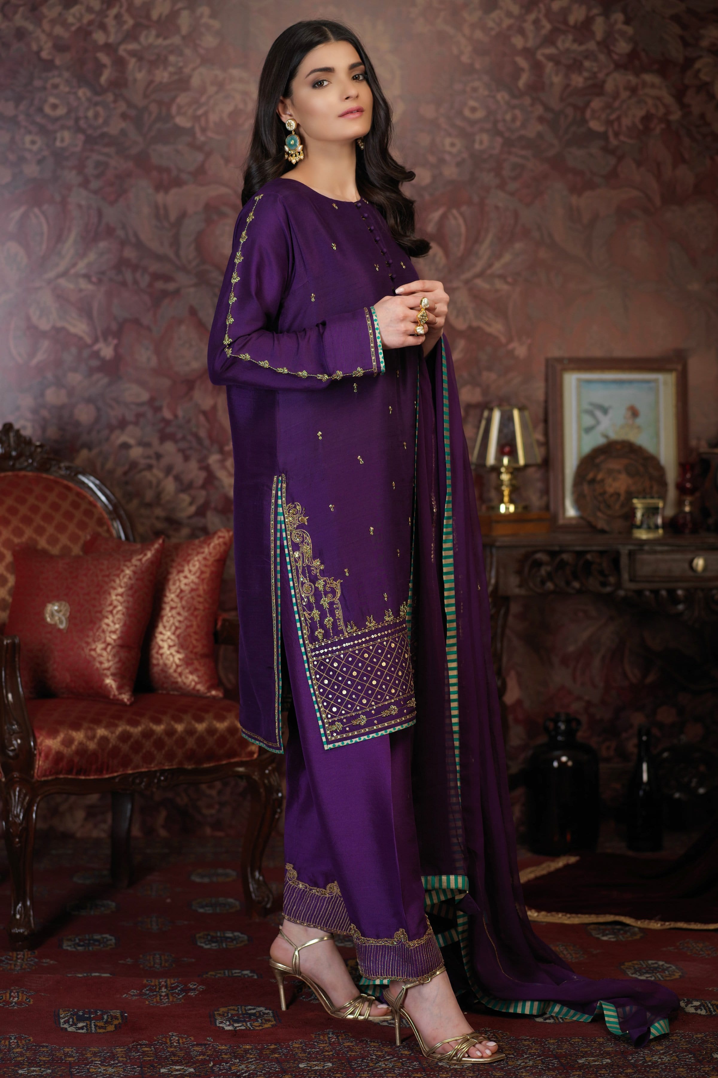 Deep Purple Embroidered PK Raw Silk Salwar Kameez (3-Piece) - Image 3