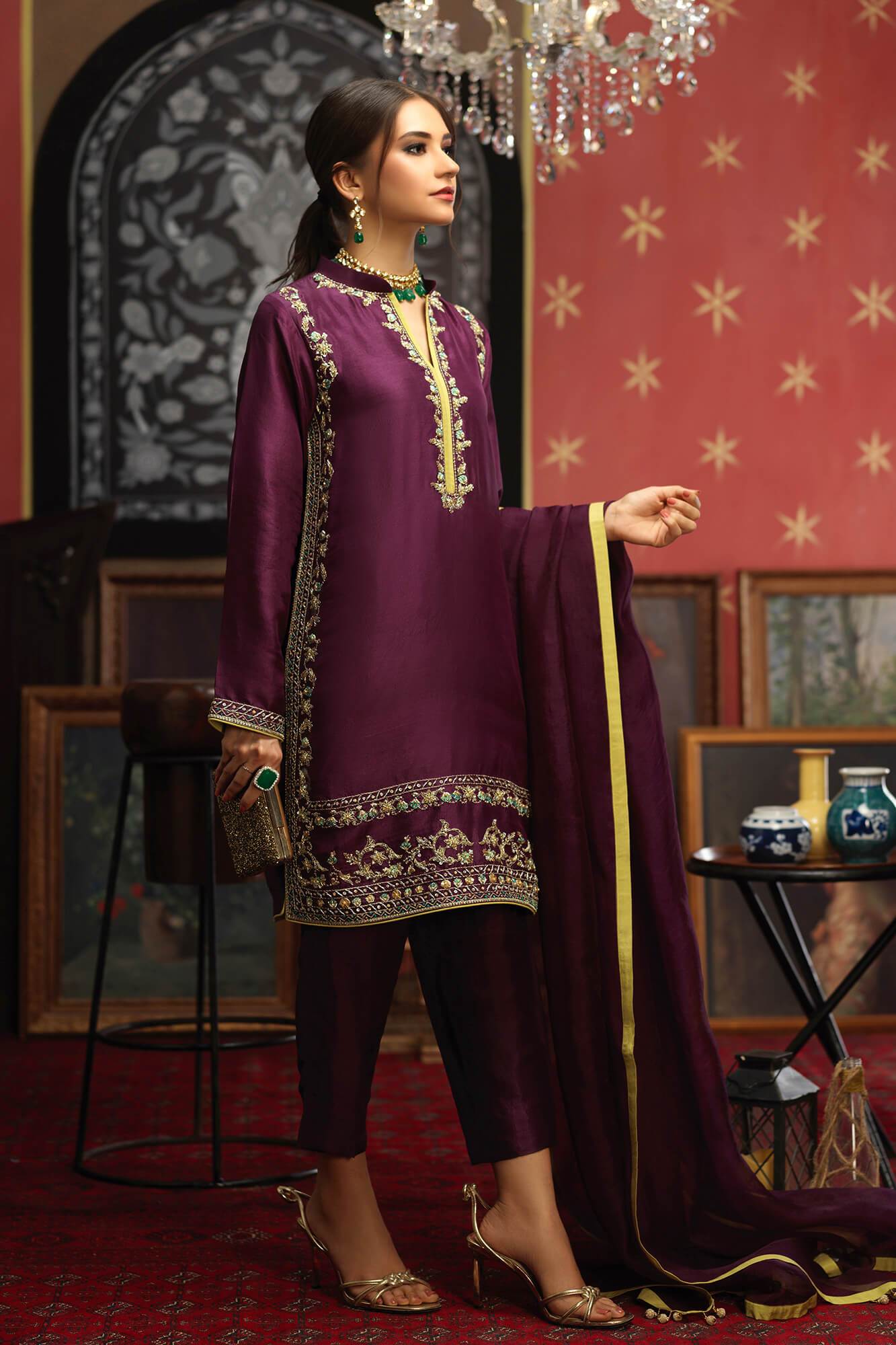 Deep Purple Embroidered PK Raw Silk Salwar Kameez (3-Piece) - Image 1