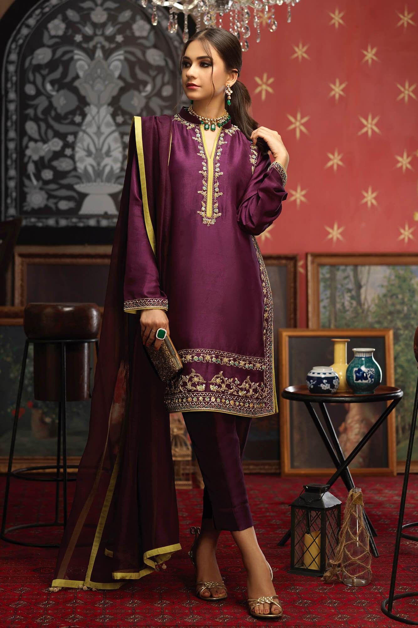 Deep Purple Embroidered PK Raw Silk Salwar Kameez (3-Piece) - Image 2