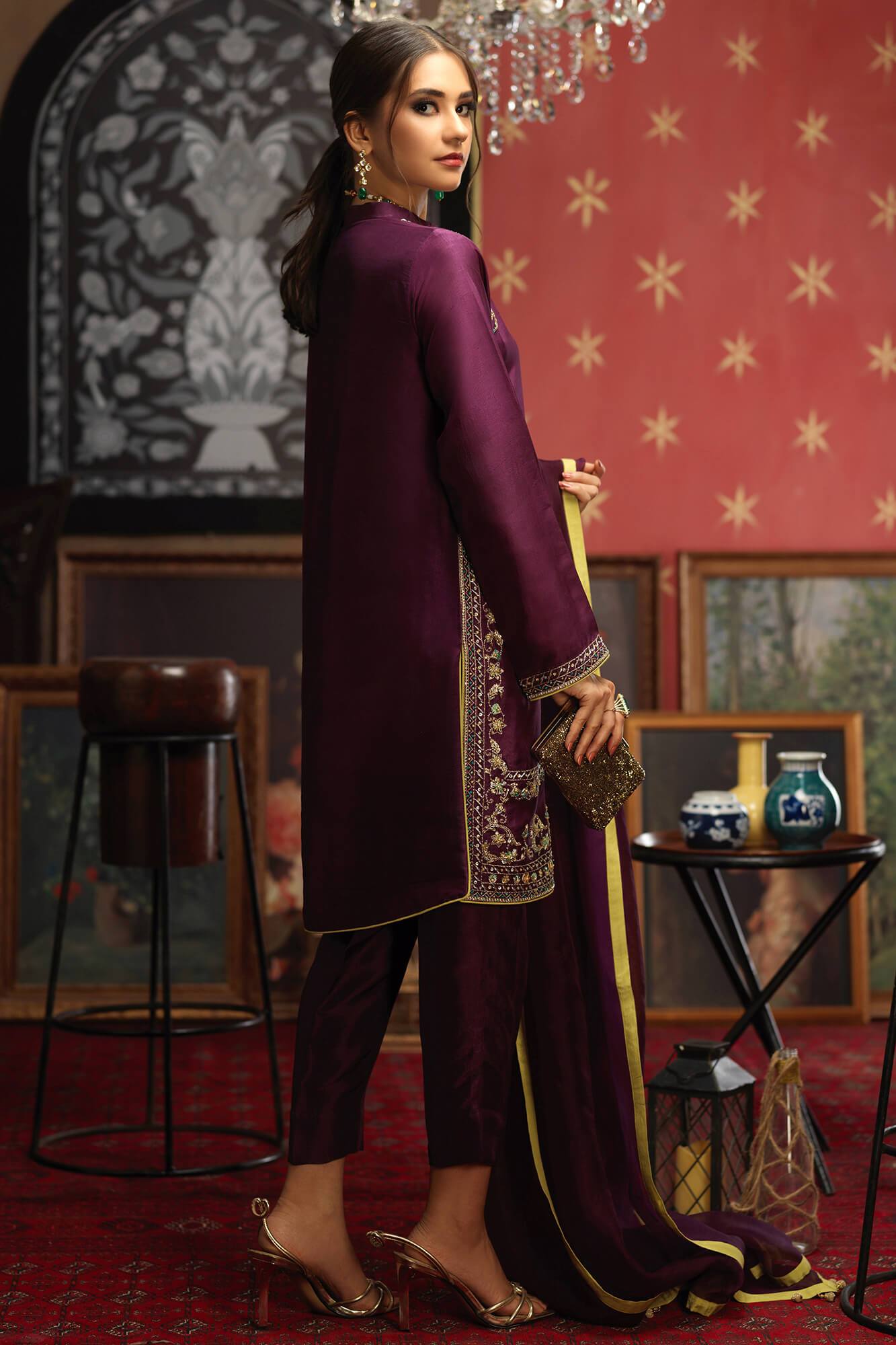 Deep Purple Embroidered PK Raw Silk Salwar Kameez (3-Piece) - Image 3