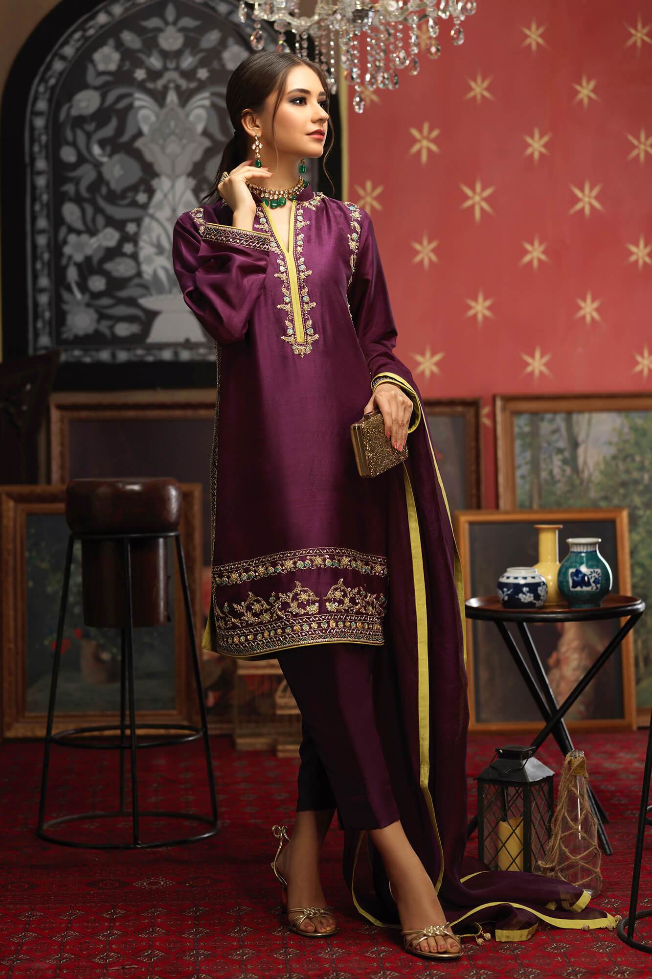 Pakistani Deep Purple Embroidered PK Raw Silk Salwar Kameez (3-Piece) - Image 4