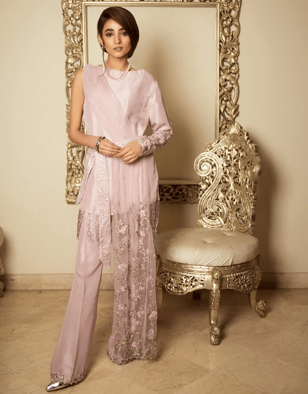 Pakistani Lilac Embroidered Pure Fabric Salwar Kameez (3-Piece) - Image 1