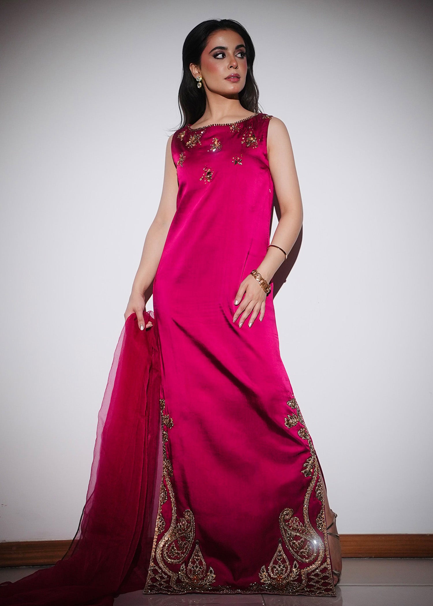 Pakistani Beetroot Ada Embroidered Pure Silk Salwar Kameez (3-Piece) - Image 3