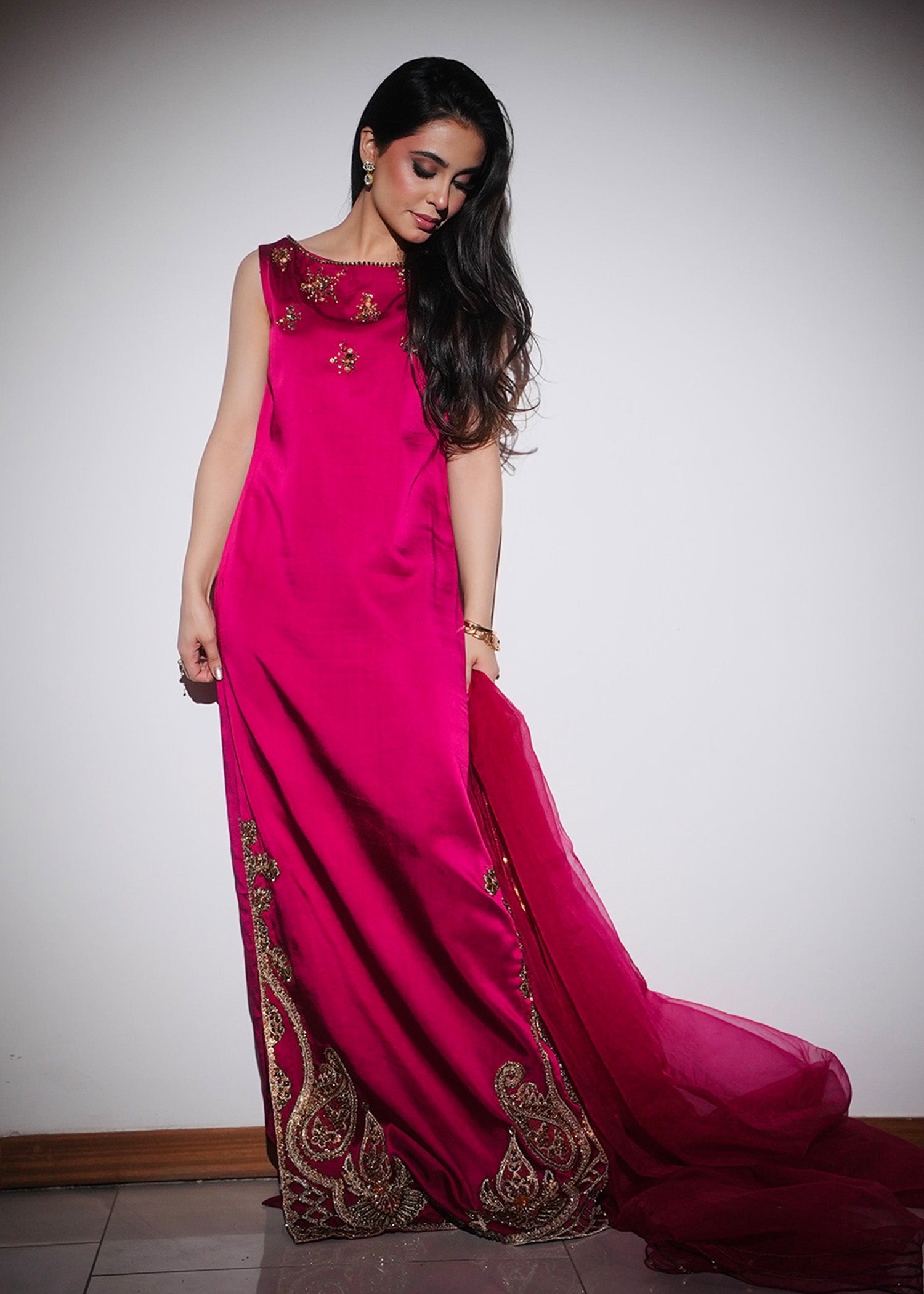 Pakistani Beetroot Ada Embroidered Pure Silk Salwar Kameez (3-Piece) - Image 5