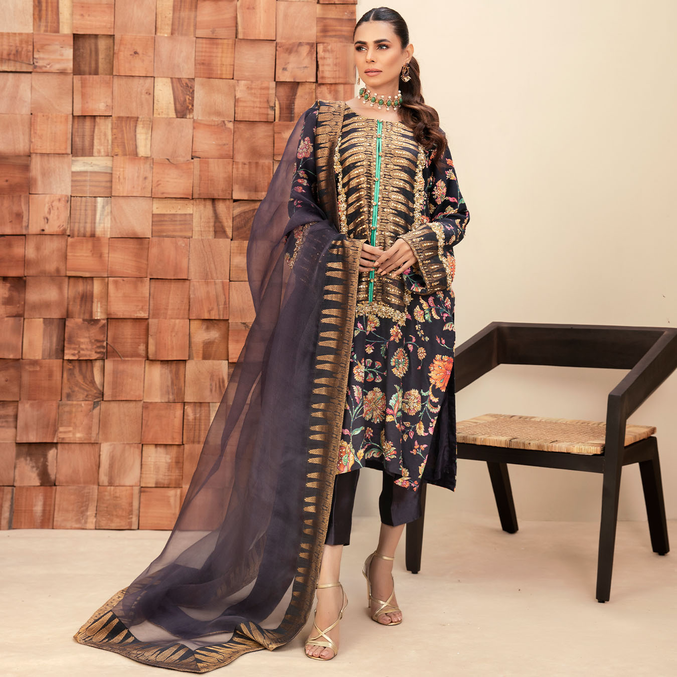 Pakistani Aubergine Zardozi Pure Silk Kurta Set (3-Piece) - Image 1