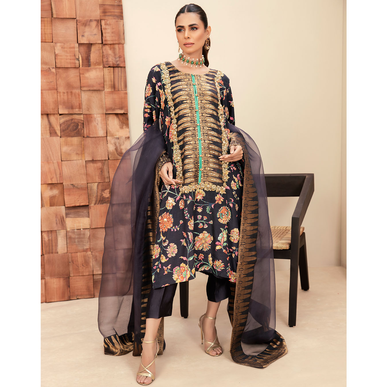 Pakistani Aubergine Zardozi Pure Silk Kurta Set (3-Piece) - Image 2