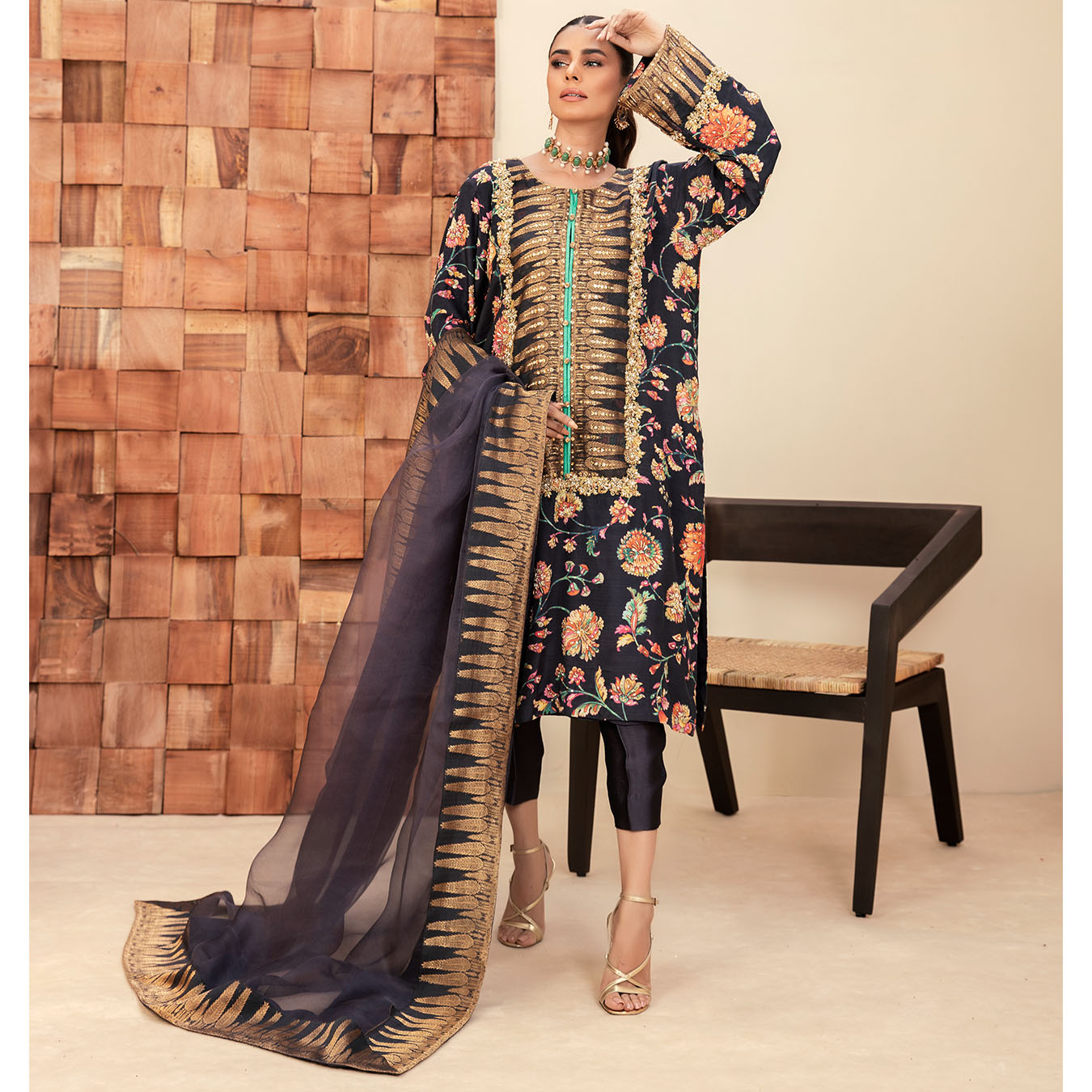 Pakistani Aubergine Zardozi Pure Silk Kurta Set (3-Piece) - Image 3