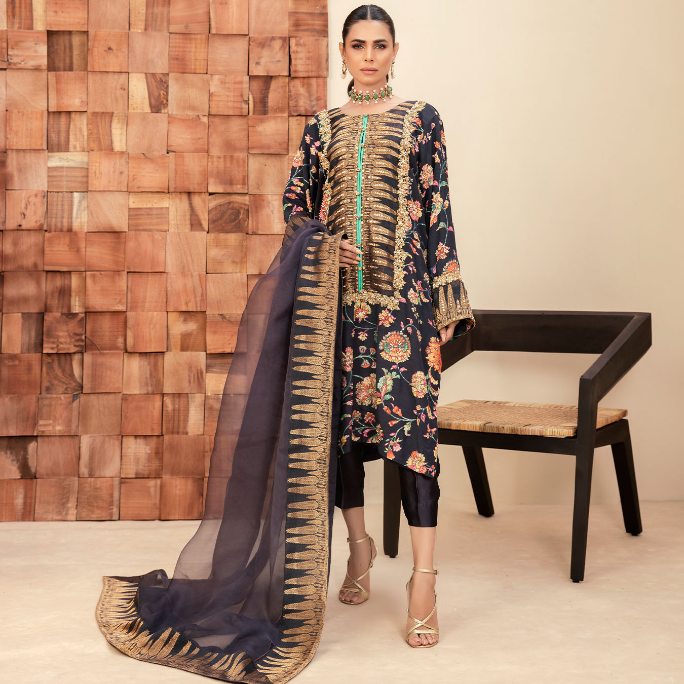 Pakistani Aubergine Zardozi Pure Silk Kurta Set (3-Piece) - Image 4