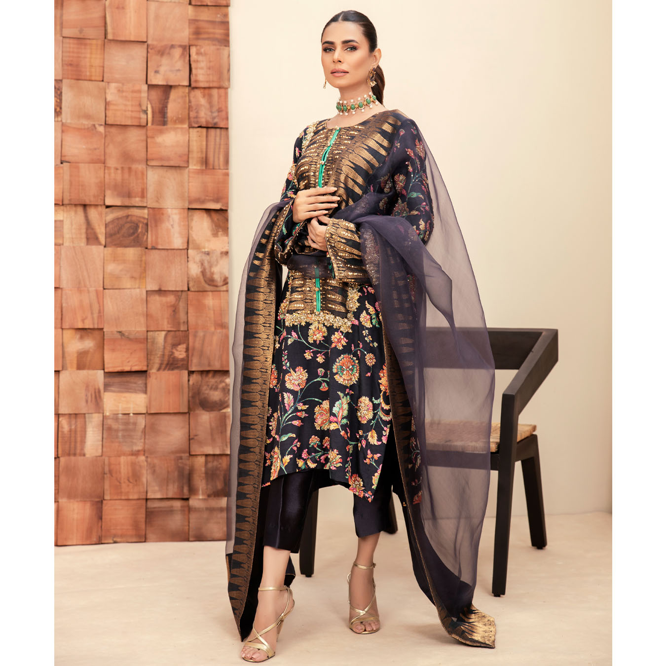 Pakistani Aubergine Zardozi Pure Silk Kurta Set (3-Piece) - Image 6