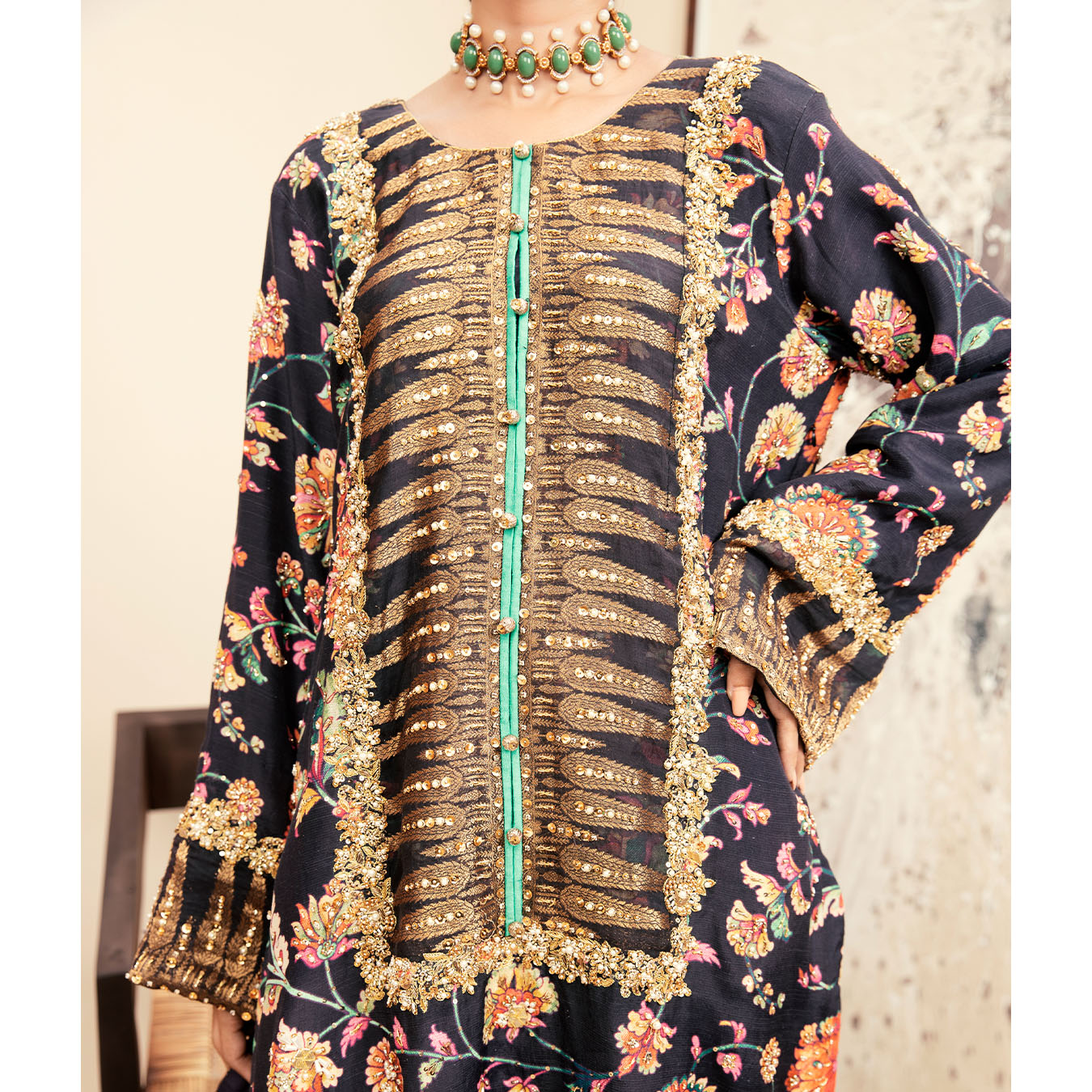 Pakistani Aubergine Zardozi Pure Silk Kurta Set (3-Piece) - Image 7