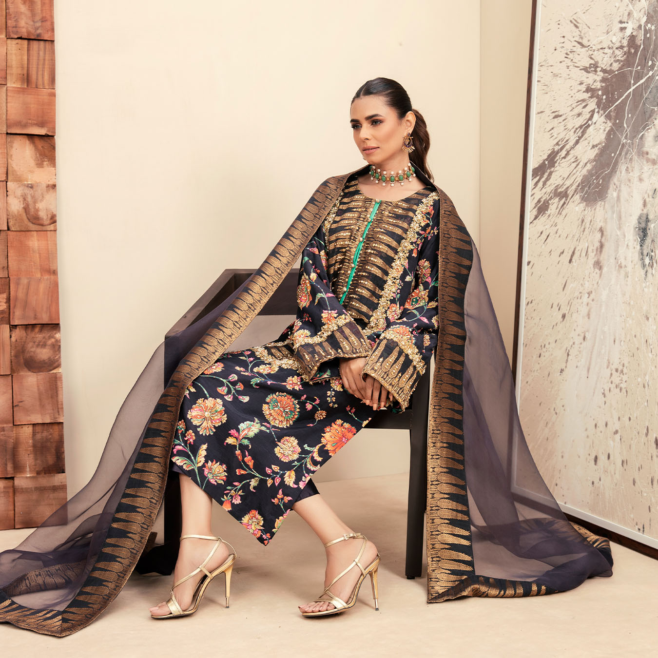 Pakistani Aubergine Zardozi Pure Silk Kurta Set (3-Piece) - Image 8