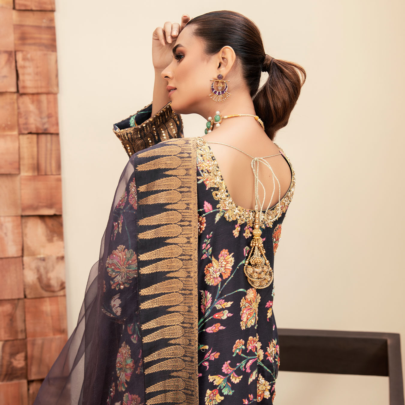 Pakistani Aubergine Zardozi Pure Silk Kurta Set (3-Piece) - Image 9