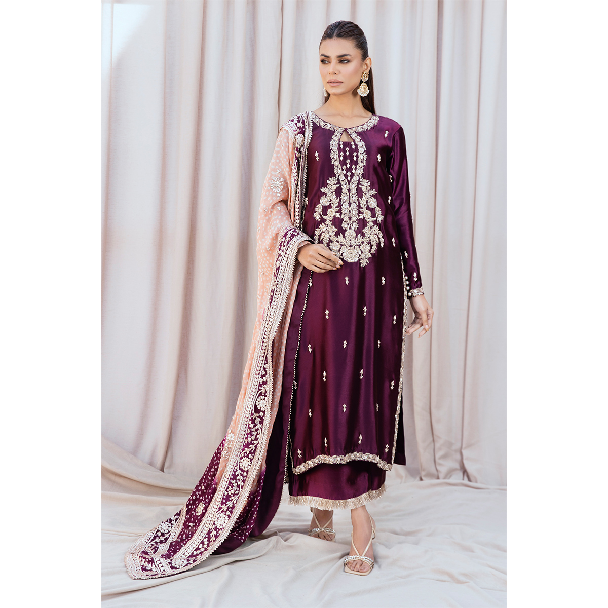 Pakistani Aubergine Zardozi Pure Tissue Silk Long Shirt (3-Piece) - Image 1