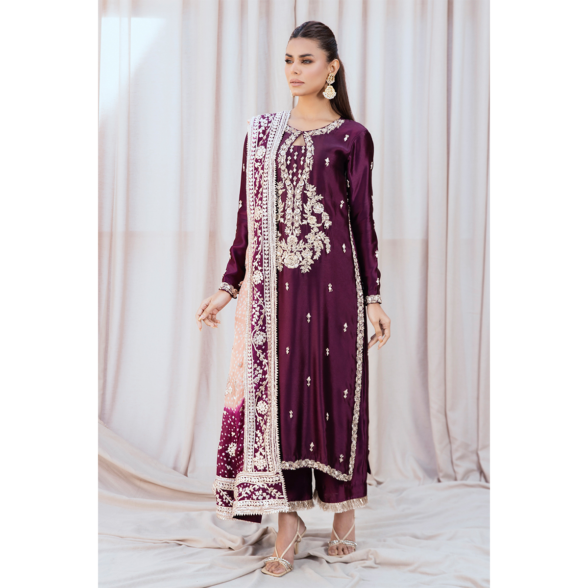 Pakistani Aubergine Zardozi Pure Tissue Silk Long Shirt (3-Piece) - Image 2